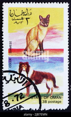 OMAN - VERS 1972 : un timbre imprimé en Oman montre le chat siamois et le chien de Collie, vers 1972 Banque D'Images