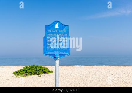 Plaque historique pour Trumans Beach, Oyster Ponds, long Island, NY Banque D'Images