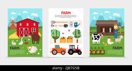 Ferme plate et l'agriculture affiche avec les animaux grange foin moulin à vent pelle fourches arrosoir tracteurs fermiers arbres caisses de légumes et de fruits vecto Illustration de Vecteur