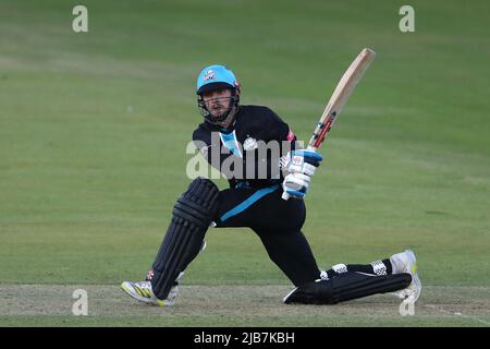 CHESTER LE STREET, ROYAUME-UNI. 1st JUIN Ed Barnard, de Worcester Rapids, se battait lors du match Blast de Vitality T20 entre le Durham County Cricket Club et Worcestershire au Seat unique Riverside, Chester le Street, le mercredi 1st juin 2022. (Credit: Mark Fletcher | MI News) Credit: MI News & Sport /Alay Live News Banque D'Images