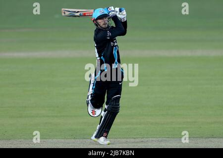 CHESTER LE STREET, ROYAUME-UNI. 1st JUIN Ed Barnard, de Worcester Rapids, se battait lors du match Blast de Vitality T20 entre le Durham County Cricket Club et Worcestershire au Seat unique Riverside, Chester le Street, le mercredi 1st juin 2022. (Credit: Mark Fletcher | MI News) Credit: MI News & Sport /Alay Live News Banque D'Images