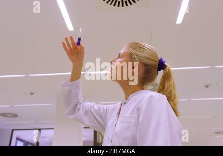 Une jeune étudiante prend ses fonctions d'assistante de laboratoire. Elle porte une blouse médicale blanche. Elle est vue analyser et faire des recherches sur son lieu de travail. Banque D'Images