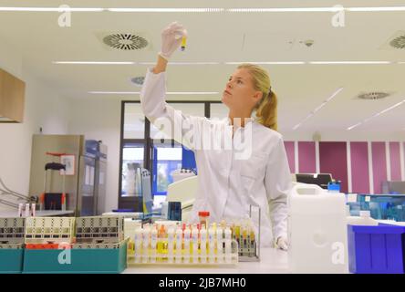 Une jeune étudiante prend ses fonctions d'assistante de laboratoire. Elle porte une blouse médicale blanche. Elle est vue analyser et faire des recherches sur son lieu de travail. Banque D'Images