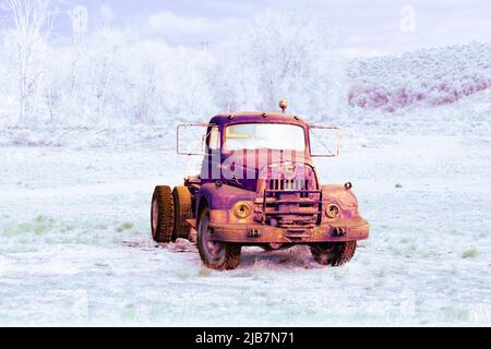 La photo montre un arrière-plan surexposé avec un camion abandonné comme thème central. La teinte pourpre est visible sur les collines, les arbres, le sol et les vieux camions. Banque D'Images