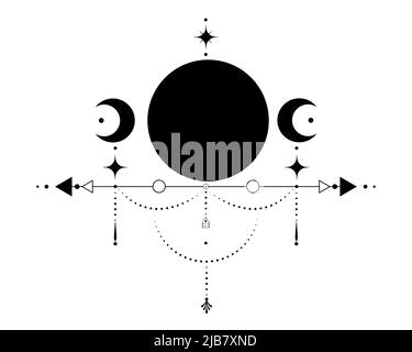 Triple Lune, géométrie sacrée, flèches mystiques et croissant de lune, lignes pointillées en style boho, icône wiccan, signe magique mystique ésotérique alchimie. Esprit Illustration de Vecteur