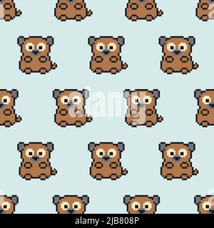 Joli motif de chien marron pixel sur fond bleu clair. personnage 8 bits de dessin animé. Texture pour tissu, emballage, textile, papier peint. Décoratif Illustration de Vecteur