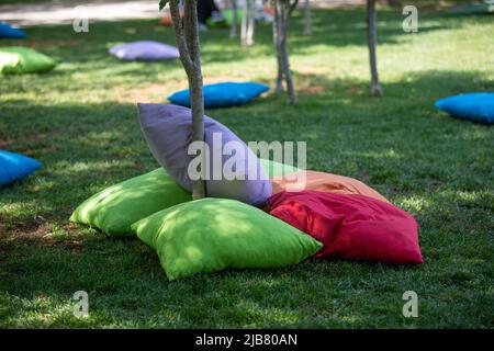 Étudiants assis sur des coussins sous les arbres Banque D'Images