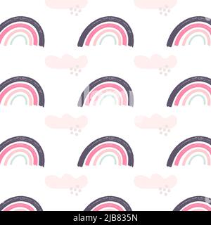 Motif sans couture avec couleurs pastel, formes arc-en-ciel et nuages. Motif fille rose clair. Illustration dessinée à la main pour les enfants. Motif dans le dessin animé Illustration de Vecteur