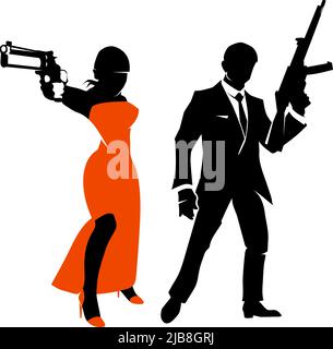 Silhouettes de couple d'espionnage. Femme avec arme en robe rouge, gangster personne ou agent secret. Caractères d'illustration vectoriels Illustration de Vecteur