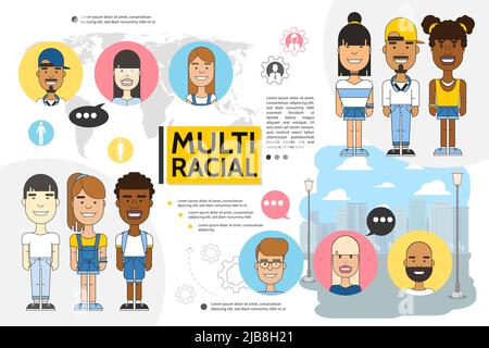 Plat multiracial personnes ensemble avec Cityscape carte du monde jeunes garçons et filles de différentes origines ethniques illustration vectorielle Illustration de Vecteur