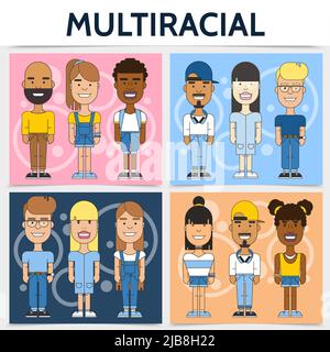 Flat multiracial familles Square concept avec des personnes multiethniques et multiculturelles sur fond coloré illustration vectorielle Illustration de Vecteur