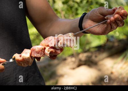 brochettes de shish frites sur un feu dans la forêt sur un pique-nique sur brochettes, brochettes de shish rôties dans la nature, viande Banque D'Images