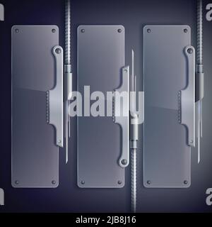 Bannières verticales industrielles en toile de verre avec support métallique sur fond sombre illustration vectorielle isolée Illustration de Vecteur