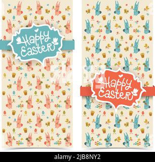 Adorable isolé vertical doodle heureux pâques bannières avec lapins poussins carottes fleurs et oeufs illustration vectorielle Illustration de Vecteur