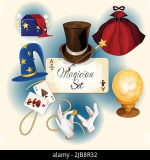 Magicien décoratif de couleur icônes ensemble avec magie chapeau cartes cylindre isolé illustration vectorielle Illustration de Vecteur