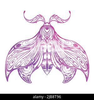 Dessin d'un papillon violet aquarelle. Illustration colorée d'un papillon de nuit avec décoration de trasery. Insecte avec des ailes et des éclaboussures d'aquarelle Illustration de Vecteur