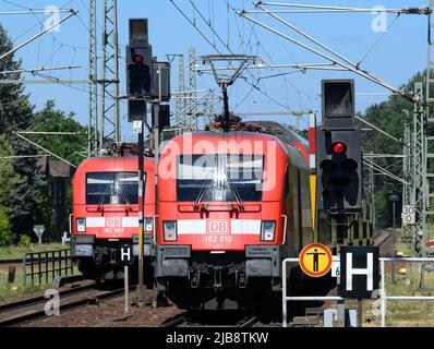 Potsdam, Allemagne. 03rd juin 2022. Le train régional RE 1 (r) quitte la gare Park-Sanssouci, tandis qu'un train arrive sur la voie adjacente en direction de Berlin. Crédit : Soeren Stache/dpa/Alay Live News Banque D'Images