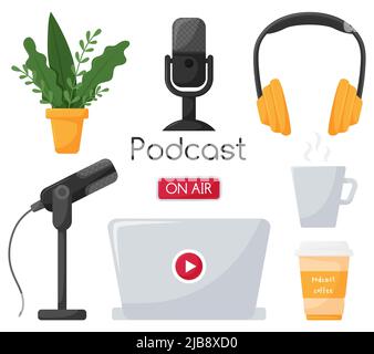 Ensemble d'éléments symbolisant l'enregistrement d'un podcast, d'une émission de radio, d'une émission en ligne. Microphone sur socle, tasse à café, casque, plante en pot. Bouton de lecture. C Illustration de Vecteur