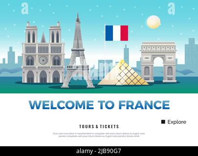 Affiche touristique française avec des symboles musées et sites illustration vectorielle plate Illustration de Vecteur