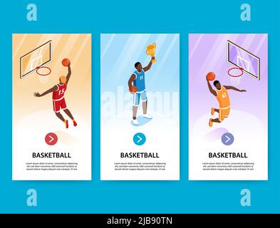 Banderoles verticales de basket-ball avec les athlètes marquant l'objectif dans l'illustration vectorielle isométrique de panier Illustration de Vecteur