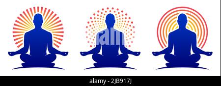 Modèles vectoriels de logo de yoga MAN. Relaxant humain dans une posture zen de lotus avec un halo de soleil rond. Illustration de Vecteur