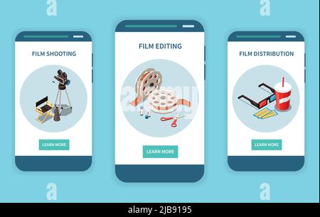 Ensemble isométrique de cinéma de trois bannières verticales isolées avec des compositions d'icônes et en savoir plus de boutons illustration vectorielle Illustration de Vecteur