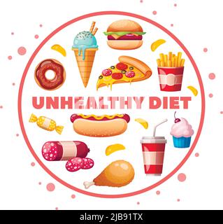 Nutritionniste diététicien nourriture pour éviter les produits malsains caricature circulaire composition avec hamburger pizza beignet cupcake illustration vectorielle Illustration de Vecteur