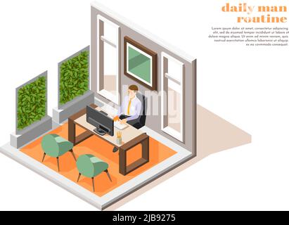 Homme travaillant au bureau composition quotidienne de routine 3D illustration vectorielle isométrique Illustration de Vecteur