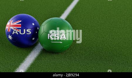 Match de football de l'Australie contre l'Arabie Saoudite - balles en cuir aux couleurs nationales de l'Australie et de l'Arabie Saoudite. 3D rendu Banque D'Images