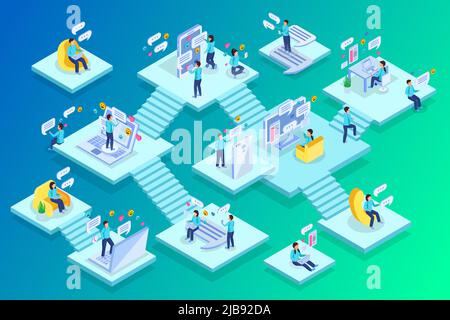 Chatter les gens à la maison commerce privé travail multi-niveaux isométriques compositions avec escalier vert fond illustration vecteur Illustration de Vecteur