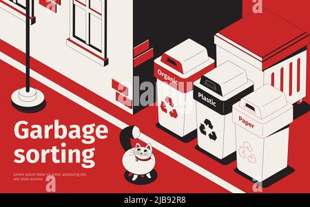 Recyclage approprié tri des déchets poubelles pour le compost de papier plastique extérieur isométrique rouge blanc noir illustration vectorielle Illustration de Vecteur