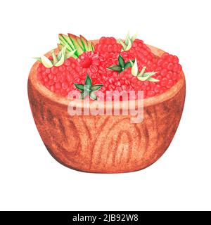 Framboises dans une assiette en bois. Illustration aquarelle. Isolé sur un fond blanc. Pour votre conception. Convient aux livres de cuisine, recettes, tabliers. Banque D'Images