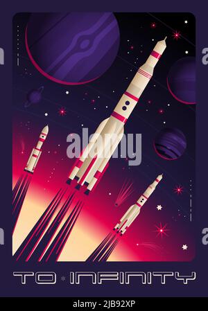 Affiche verticale spatiale avec cadre et composition d'images de fusées de lancement et de planètes avec illustration vectorielle d'étoiles brillantes Illustration de Vecteur