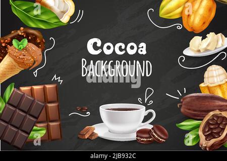 Fond de couleur cacao avec des images réalistes de glace de barre de chocolat cône cacao haricots tasse de boisson sur tableau noir illustration vectorielle Illustration de Vecteur