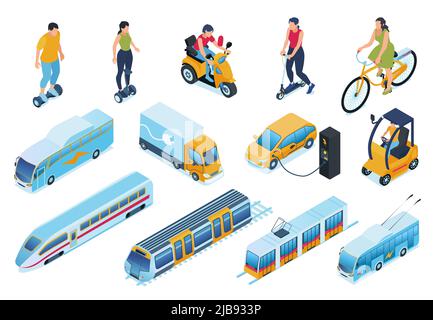 Jeu isométrique de transport électrique avec symboles voiture et vélo illustration vectorielle isolée Illustration de Vecteur