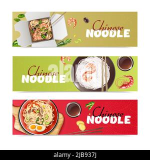 Nouilles chinoises 3 publicité réaliste nourriture asiatique publicité bannières horizontales avec sauté wok plats illustration vectorielle Illustration de Vecteur