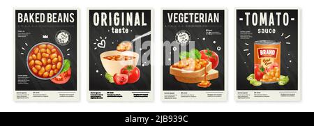 Bol en étain et toast avec des haricots cuits dans la sauce tomate affiches réalistes ensemble isolé illustration vectorielle Illustration de Vecteur