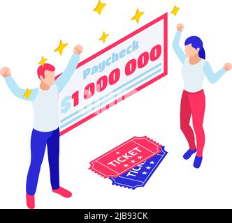 Composition isométrique avec le chèque de paie des gagnants de loterie et les billets sur fond blanc illustration vectorielle Illustration de Vecteur