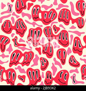 Drôle 70s mileys trippy fondu sans couture motif. Rétro groovy hippie sourires heureux émotions. Fusion de personnages avec des yeux étranges. Illustration de Vecteur