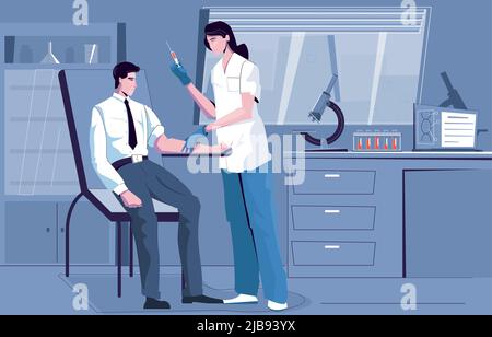 Analyses de sang composition plate avec intérieur de laboratoire de clinique et le patient donnant du sang pour l'illustration de vecteur de diagnostic Illustration de Vecteur