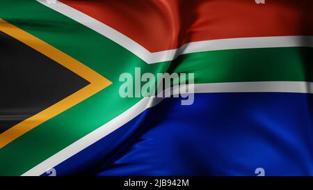 Drapeau national de l'Afrique du Sud fond plein écran, soie farbrac, gros plan en agitant dans le vent Banque D'Images