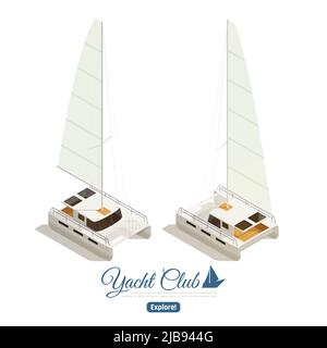 Yacht club voile croisières isométriques web page design avec 2 plate-forme principale capitaine cabine images illustration vectorielle Illustration de Vecteur