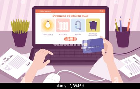 Utilitaires de paiement en ligne composition plate avec vue de l'espace de travail et mains tenant carte de crédit avec illustration vecteur d'ordinateur portable Illustration de Vecteur