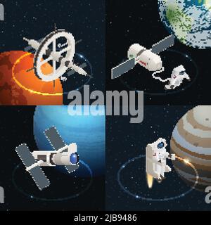 Astronomie concept 2x2 avec télescope de station d'astronautes dans l'espace 3D illustration vectorielle isolée isométrique Illustration de Vecteur