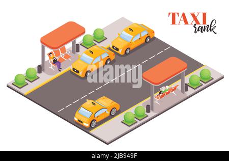 Composition isométrique de l'arrêt de taxi de ville avec texte et morceau de rue avec des voitures de taxi et des illustrations de vecteur de personnes Illustration de Vecteur