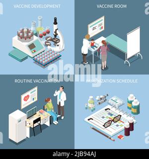 Vaccination 2x2 concept ensemble de mise au point de vaccins salle de vaccination routine vaccination et calendrier d'immunisation icônes carrées vecteur isométrique i Illustration de Vecteur