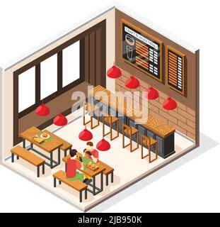 Burger House composition isométrique avec vue de restauration rapide restaurant avec tables de sièges et manger des personnes illustration vectorielle Illustration de Vecteur