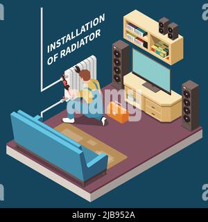 Plomber la composition isométrique et colorée avec l'installation du radiateur dans l'illustration vectorielle de la pièce Illustration de Vecteur