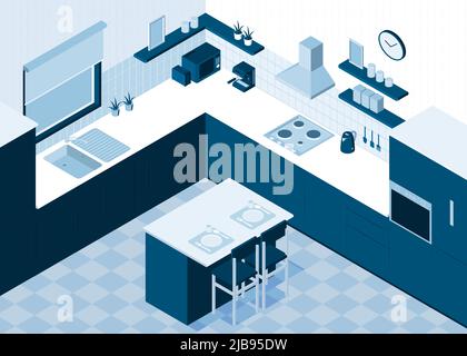 Cuisine isométrique composition horizontale avec vue monochrome de l'intérieur de la pièce avec appareils de cuisson et illustration vectorielle de la table à manger Illustration de Vecteur