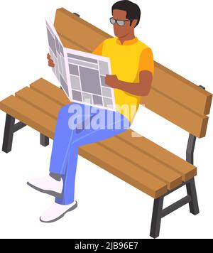 Caractère isométrique de l'homme de lecture avec journal sur banc en bois 3D illustration vectorielle Illustration de Vecteur